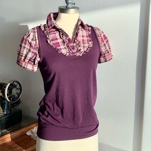 Purple top with plaid detail t collar - size m